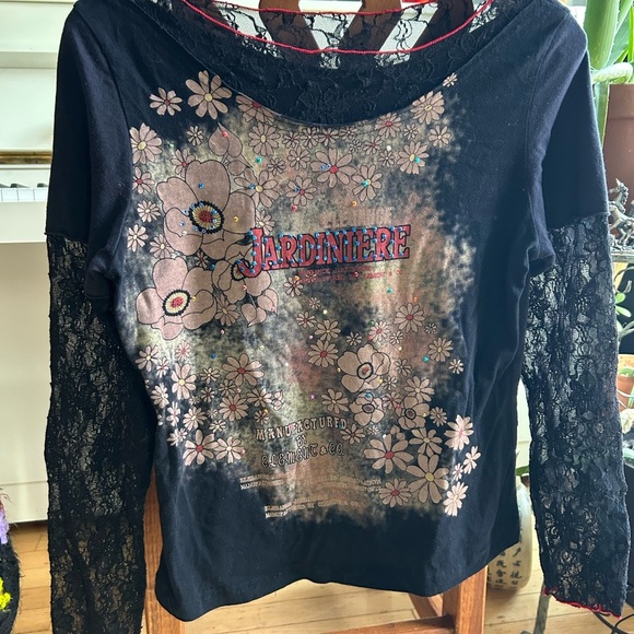Elemente Clemente Black Y2K Embellished Floral Long Sleeve Tee Size Small - Picture 7 of 15